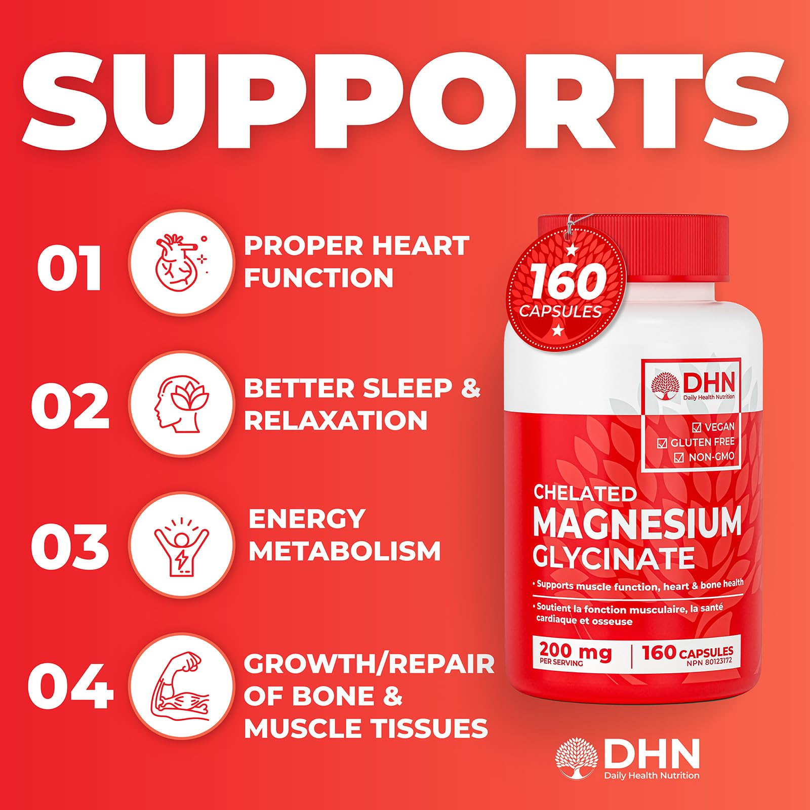 Magnesium Glycinate/Bisglycinate | Supports Sleep, Relaxation, Energy Metabolism & Muscle Function | Chelated | 200mg Elemental Magnesium | Stomach Friendly | Canadian Made, Quality Assured - Available at All In One Marketplace Canada