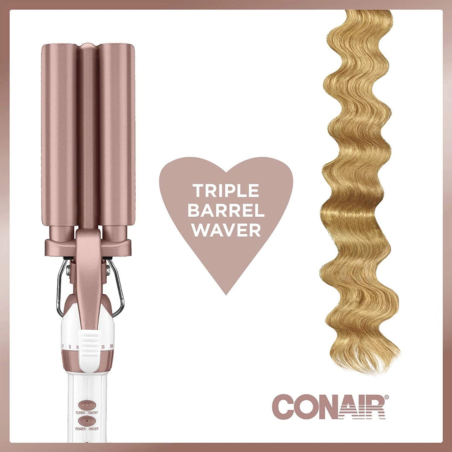 Conair CD704C Double Ceramic Triple Barrel Curl Styling Waver, Deep waves, Long lasting nautral tight waves for all hair lengths, Turbo Heat® – up to 68°F (20C) burst of heat, White/ Rose Gold
