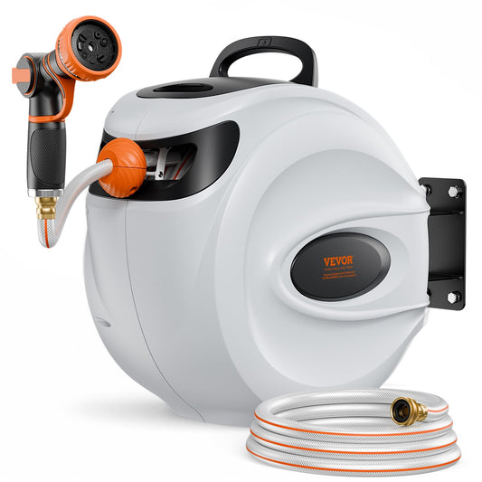 VEVOR Retractable Hose Reel, 100 ft x 1/2 inch, 180° Swivel Bracket Wall-Mounted, Garden Water Hose Reel with 9-Pattern Nozzle, Automatic Rewind, Lock at Any Length, and Slow Return System - Available at All In One Marketplace Canada