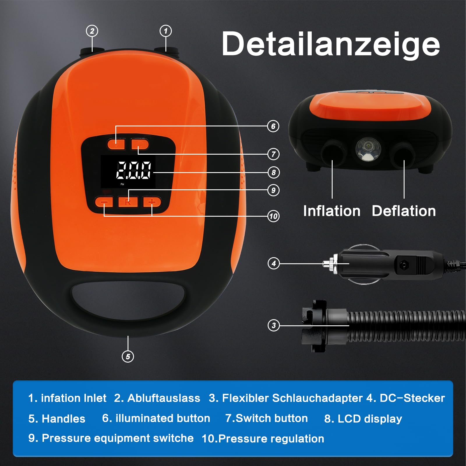 Paddle Board Pump, SUP Electric Air Pump, Portable 20 PSI Air Compressor, Auto-Off Inflation & Deflation Function with 12V DC Car Cigarette Lighter for Paddle Board,Inflatable Sups, Kayaks and Boats