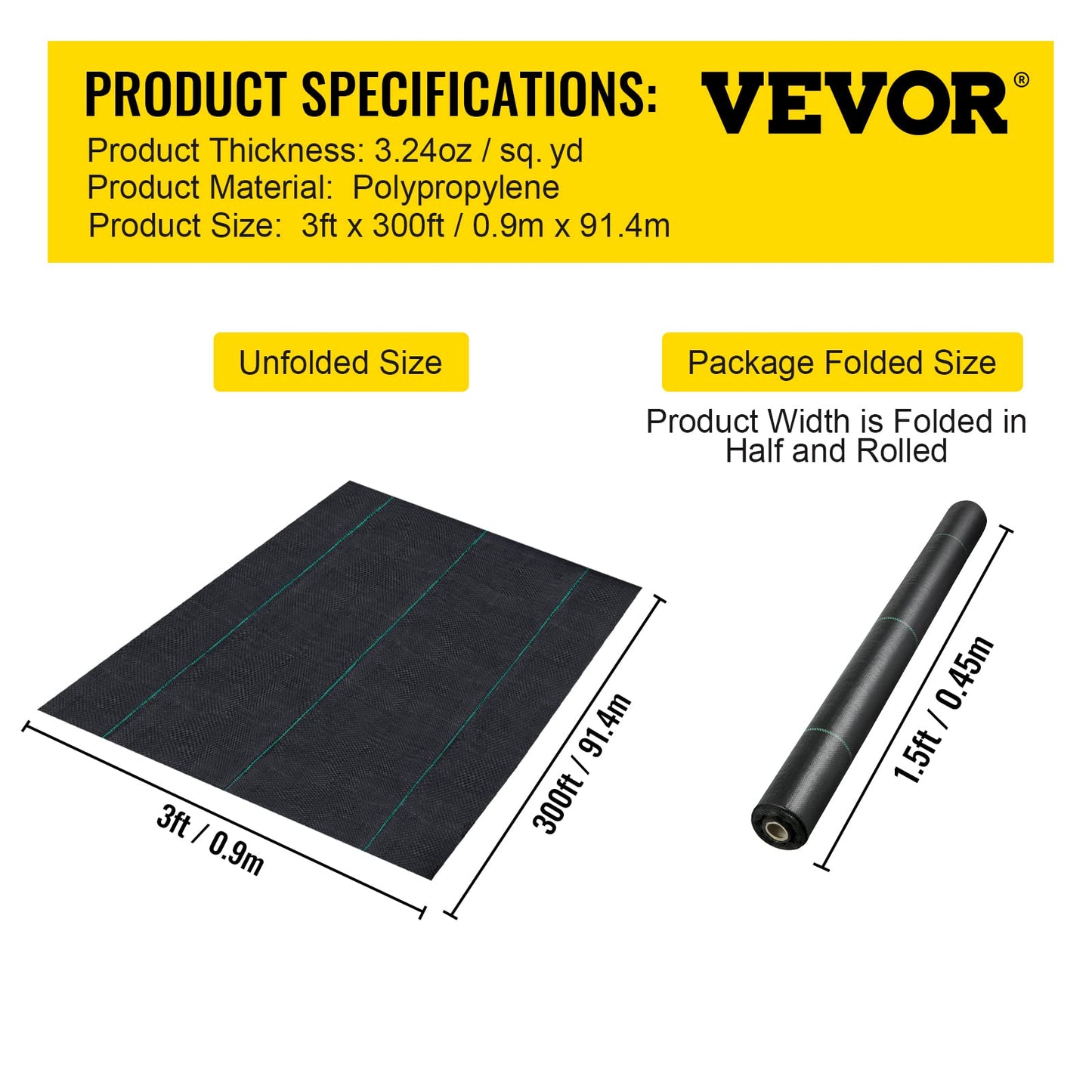 VEVOR 3FTx300FT Premium Weed Barrier Fabric Heavy Duty 3OZ, Woven Weed Control Fabric, High Permeability Good for Flower Bed, Geotextile Fabric for Underlayment, Polyethylene Ground Cover