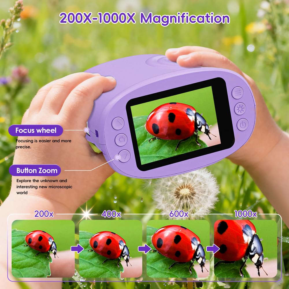 Temodu Kids Microscope 2.0" Screen 1000X Digital Microscope for Kids, Mini Pocket Handheld Microscopes for Children Birthday Festival Gift, Science Education Fun Toys for Boys Girls Ages 4-12 (Purple)