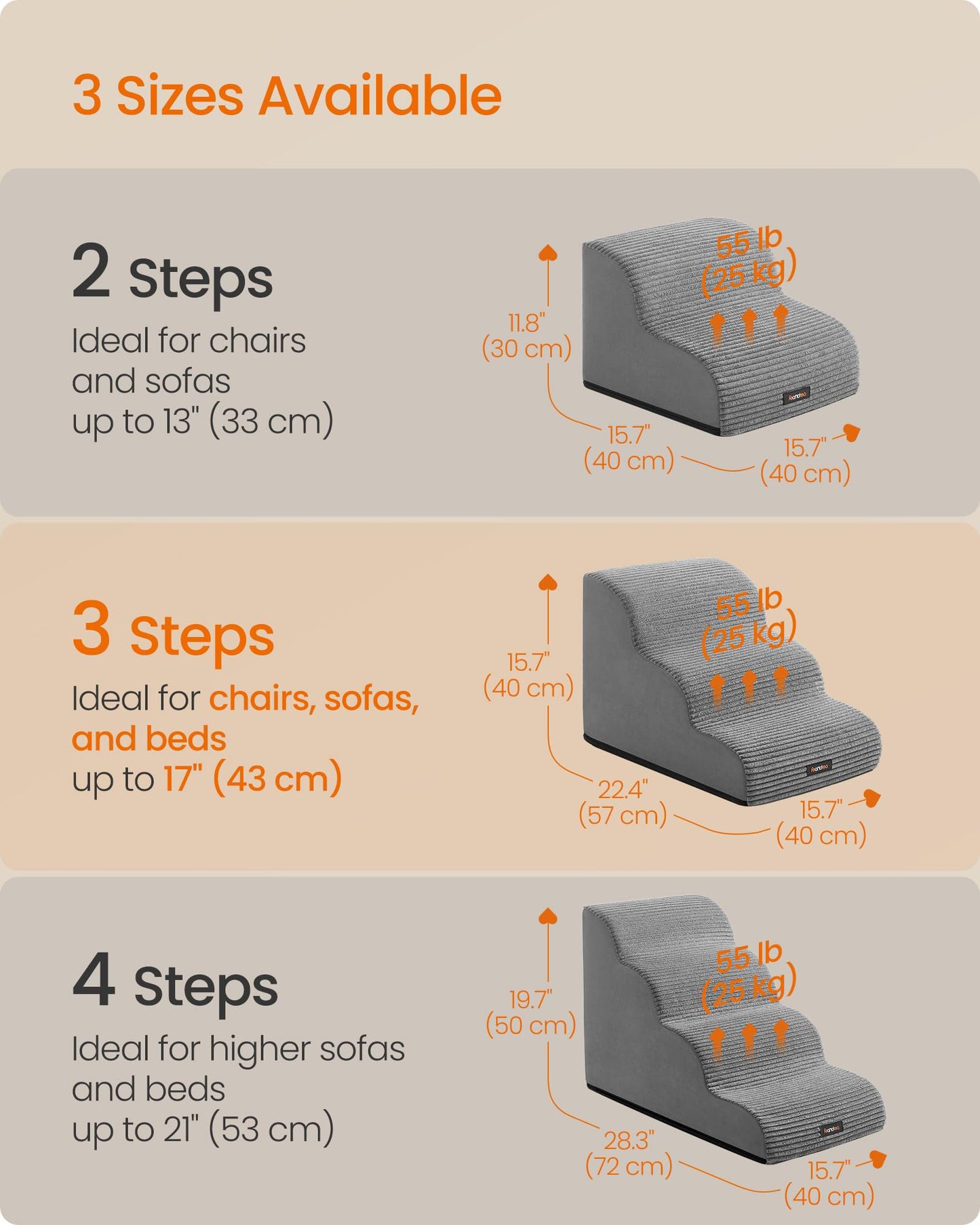 Feandrea 3-Step Dog Stairs, Dog Steps for Bed, Sofa, Waterproof Pet Stairs with Anti-Slip Designs, Gentle Slope, Removable Washable Cover, Handle, Dove Grey UPPS003G01 Feandrea