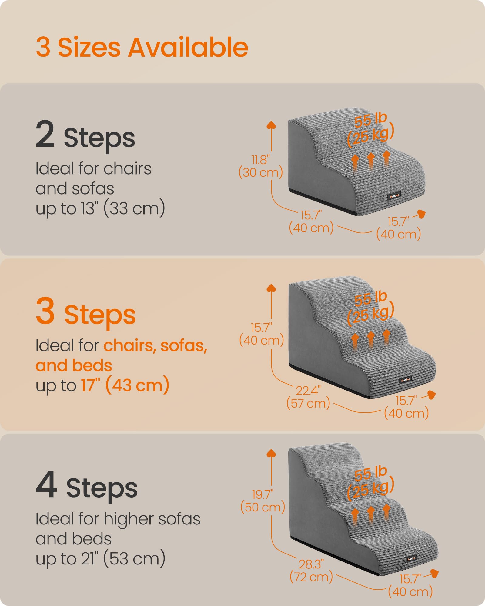 Feandrea 3-Step Dog Stairs, Dog Steps for Bed, Sofa, Waterproof Pet Stairs with Anti-Slip Designs, Gentle Slope, Removable Washable Cover, Handle, Dove Grey UPPS003G01 Feandrea