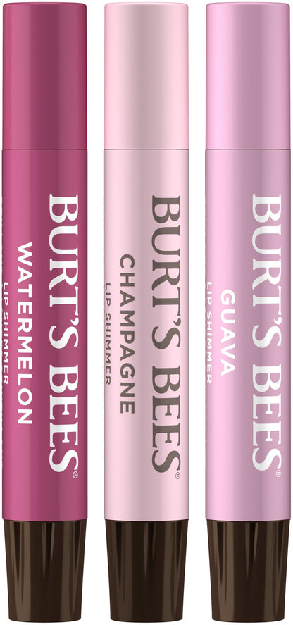 Burt's Bees Lip Shimmer, 100% Natural Origin Lip Gloss, Tinted Lip Colour | Get Soft and Hydrated Lips | Pack of 3 - (Pink) Champagne, Watermelon, Guava Burt's Bees