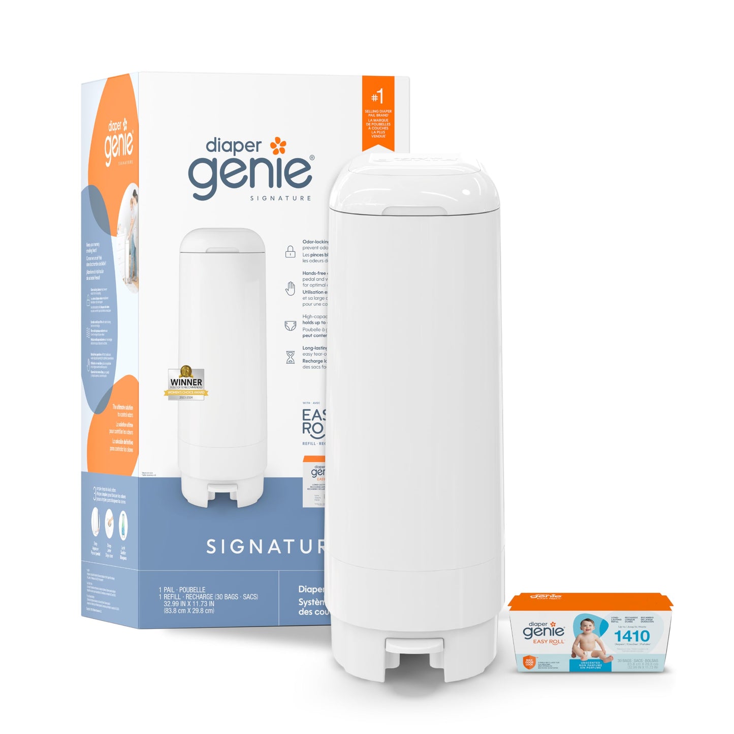 Diaper Genie Signature Pail Gift Set Includes 1 Easy Roll Refill with 30 Bags | Holds Up to 1,410 Newborn-Sized Diapers Per Refill White 🍁 All In One Marketplace Canada