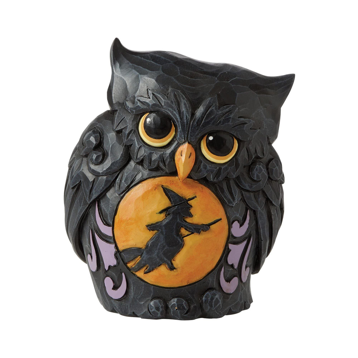 Figurine miniature Halloween Enesco Jim Shore, petit hibou noir avec scène de sorcière, 3,75 pouces, doré
