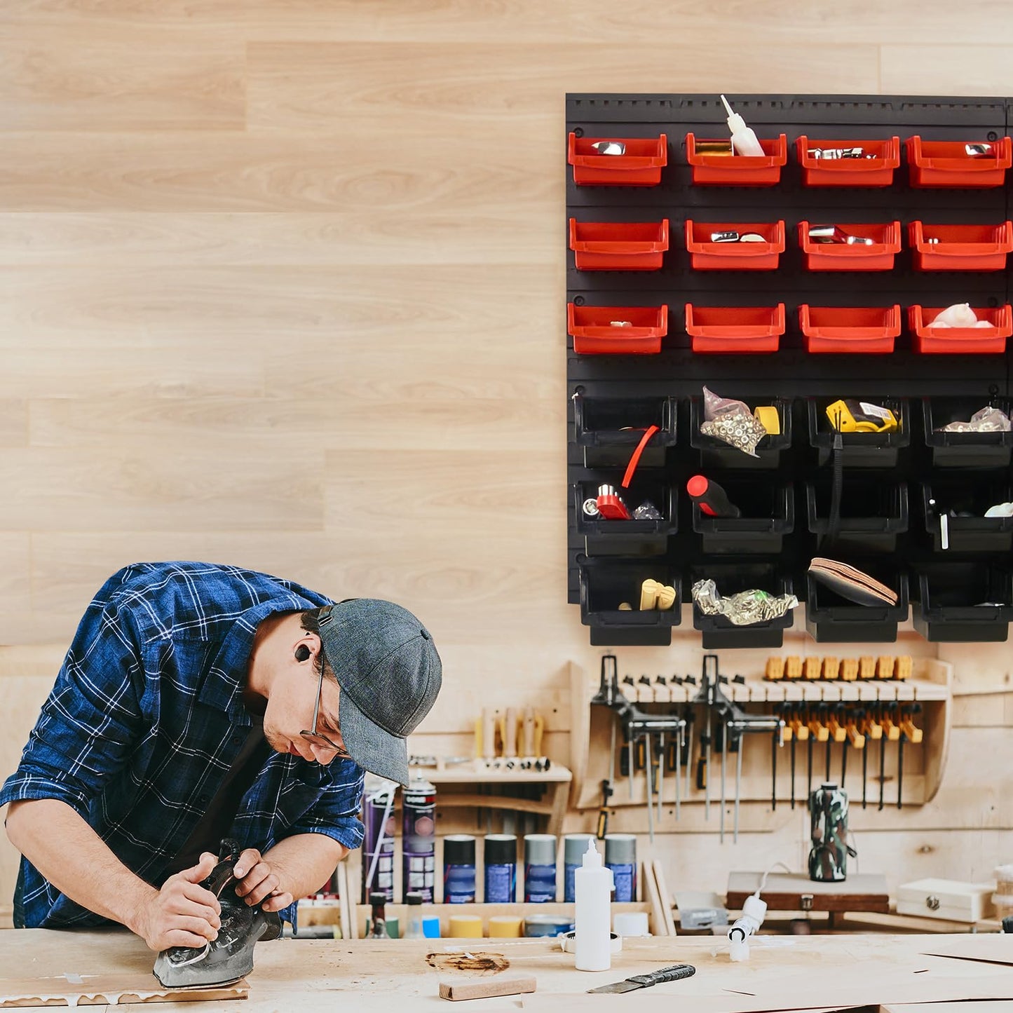 VEVOR Wall Mounted Storage Bins, 48-Bin Parts Rack Organizer Garage Plastic Shop Tool with Wall Panels, Tool Organizer for Nuts, Bolts, Screws, Nails, Beads, Buttons, Other Small Parts, Black and Red VEVOR