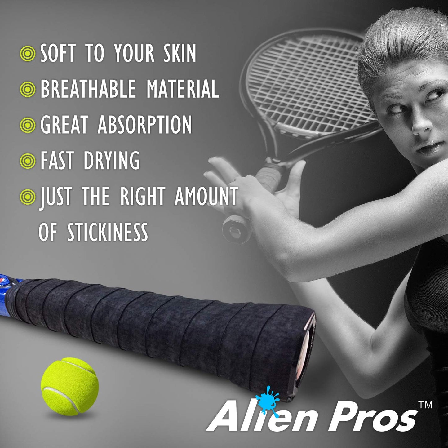Alien Pros Tennis Racket Grip Tape (6 Grips) – Precut and Dry Feel Tennis Grip – Tennis Overgrip Grip Tape Tennis Racket – Wrap Your Racquet for High Performance (6 Grips, Black)