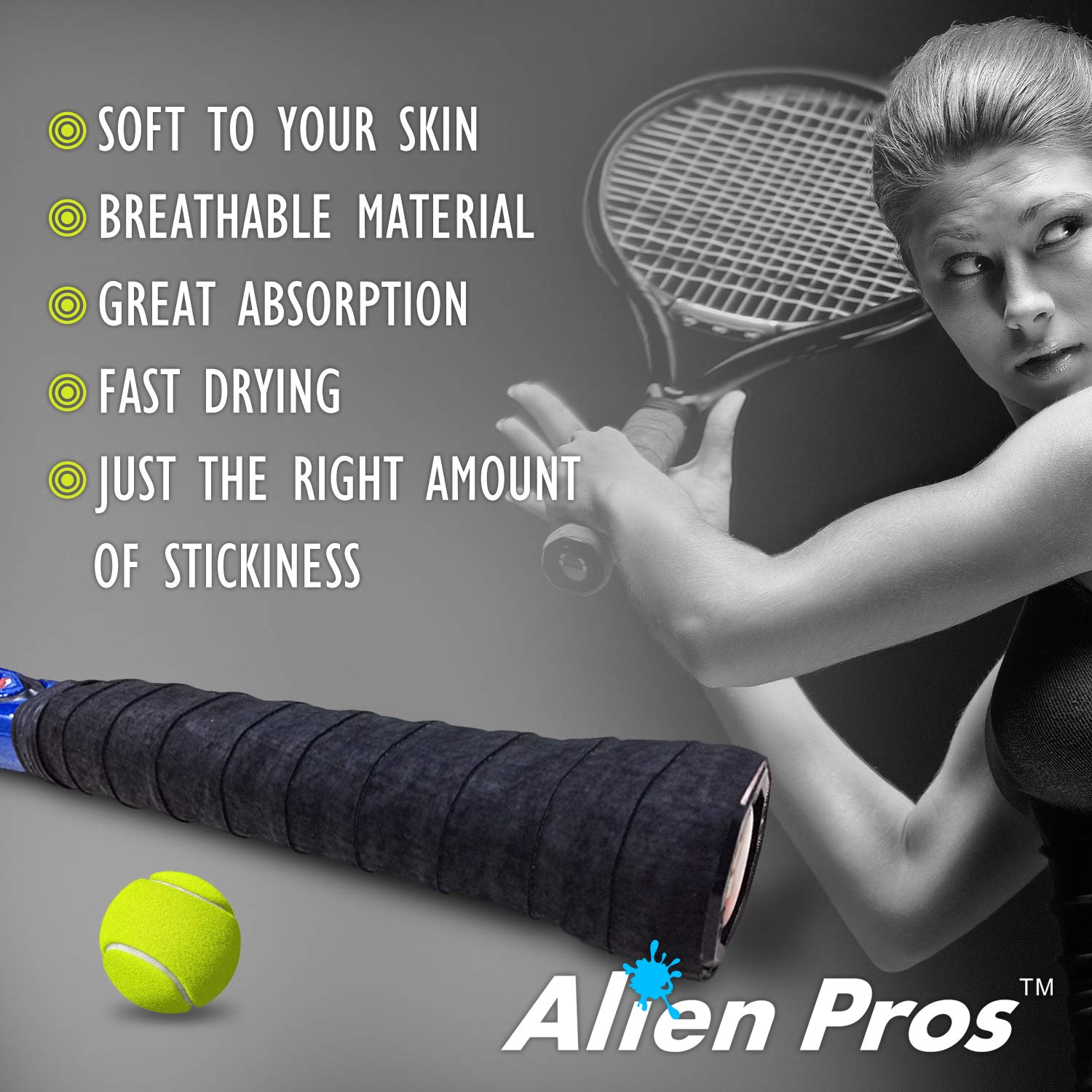 Alien Pros Tennis Racket Grip Tape (6 Grips) – Precut and Dry Feel Tennis Grip – Tennis Overgrip Grip Tape Tennis Racket – Wrap Your Racquet for High Performance (6 Grips, Black)