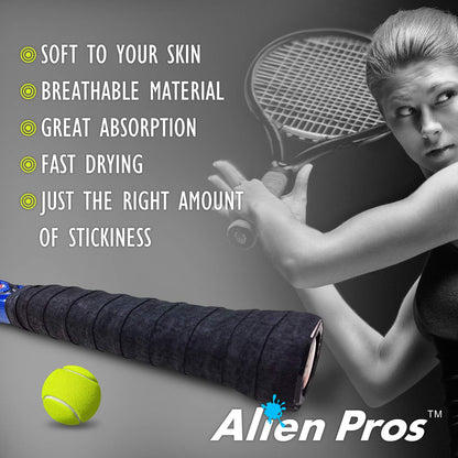 Alien Pros Tennis Racket Grip Tape (6 Grips) – Precut and Dry Feel Tennis Grip – Tennis Overgrip Grip Tape Tennis Racket – Wrap Your Racquet for High Performance (6 Grips, Black)