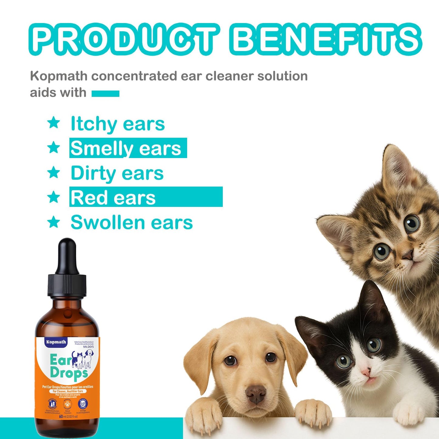 Kopmath Dog Ear Drops, Dog Ear Cleaner, Pet Ear Cleaning, Natural Solution for Dogs and Cats,60ml with Dropper - Available at All In One Marketplace Canada