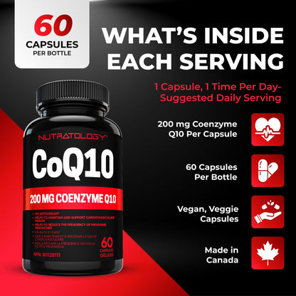 Nutratology® Coenzyme Q10 (CoQ10) 200MG - Cardiovascular Health Support - Antioxidant for Heart Health - Helps Reduce the Frequency of Migraines - CoQ10 Supplement - 60 Capsules - Available at All In One Marketplace Canada