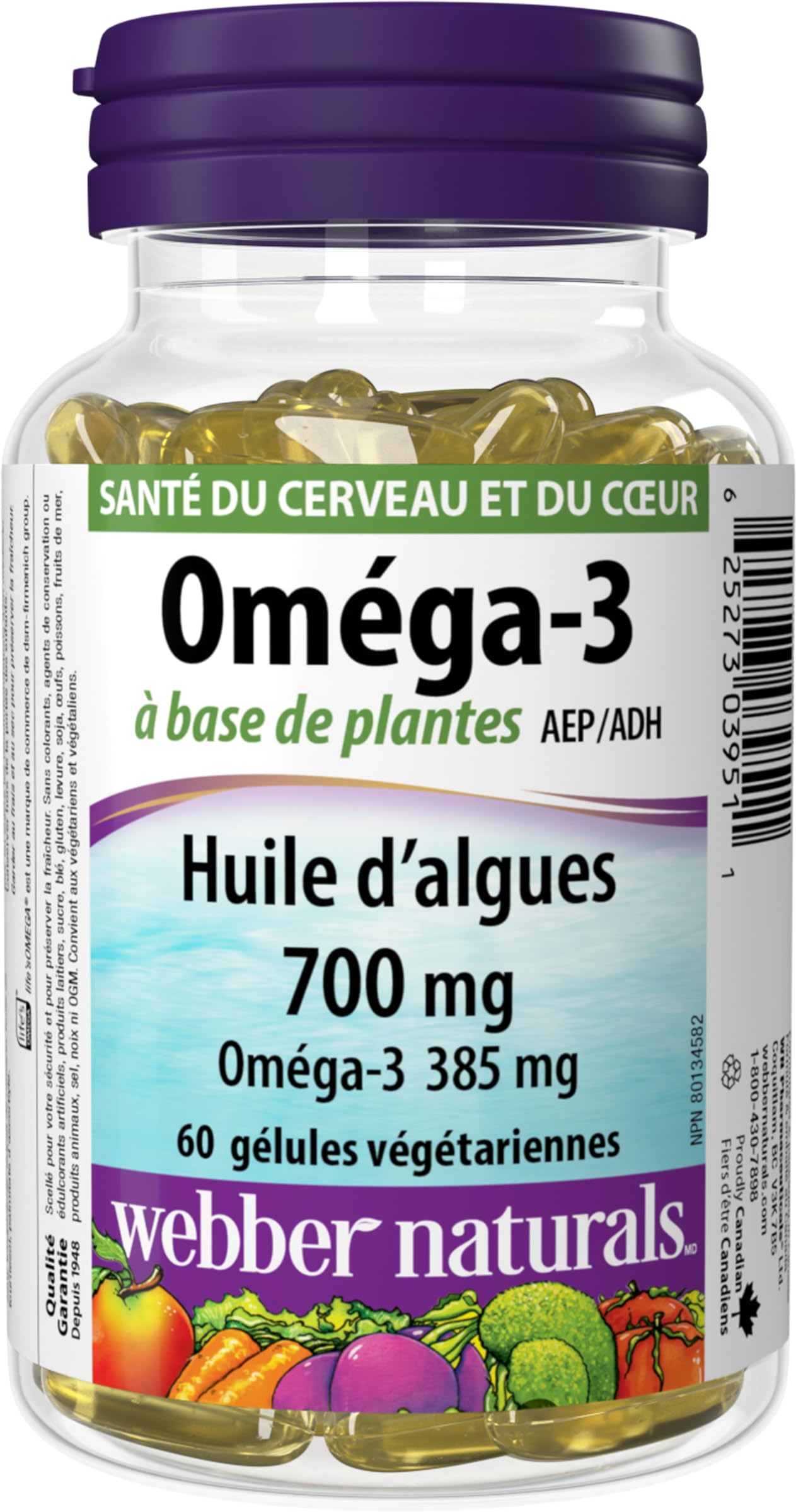 Webber Naturals Plant-Based Omega-3, 60 Softgels, Fish-Free Source of Omega-3, From Sustainably Cultivated Algae, Vegan - Available at All In One Marketplace Canada