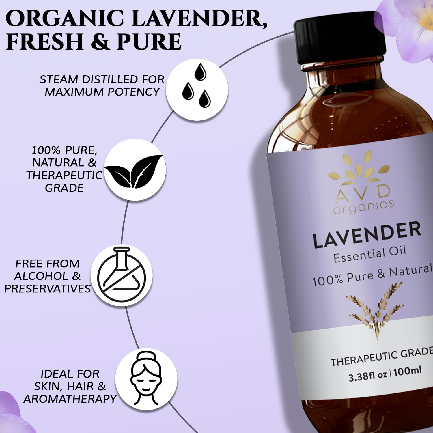 AVD Organics Lavender Essential Oils 100ml | 100% Pure & Natural Lavender Oil Skin | Massage, Aromatherapy, Diffuser, Laundry & Meditation | 3.38 fl. oz