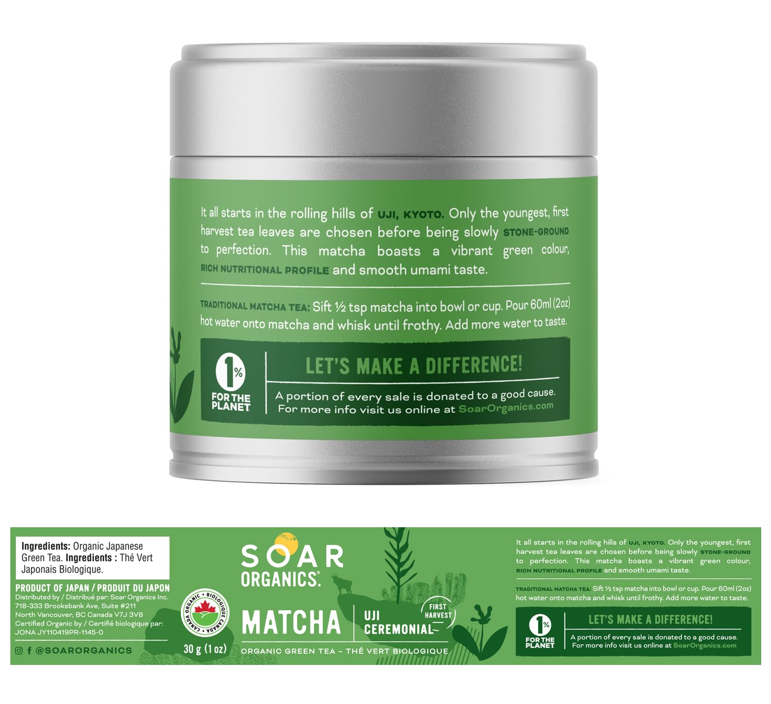 Soar Organics Uji Ceremonial Grade Matcha Green Tea Powder - Authentic Japanese Origin (30g)