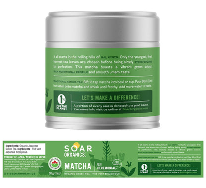 Soar Organics Uji Ceremonial Grade Matcha Green Tea Powder - Authentic Japanese Origin (30g)