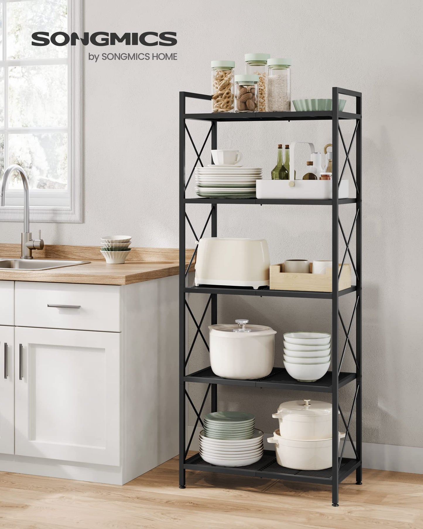 SONGMICS 5-Tier Metal Storage Rack, Shelving Unit with X Side Frames, Dense Mesh, 12.6 x 23.6 x 57.3 Inches, for Entryway, Kitchen, Living Room, Bathroom, Industrial Style, Ink Black UBSC165B01 SONGMICS