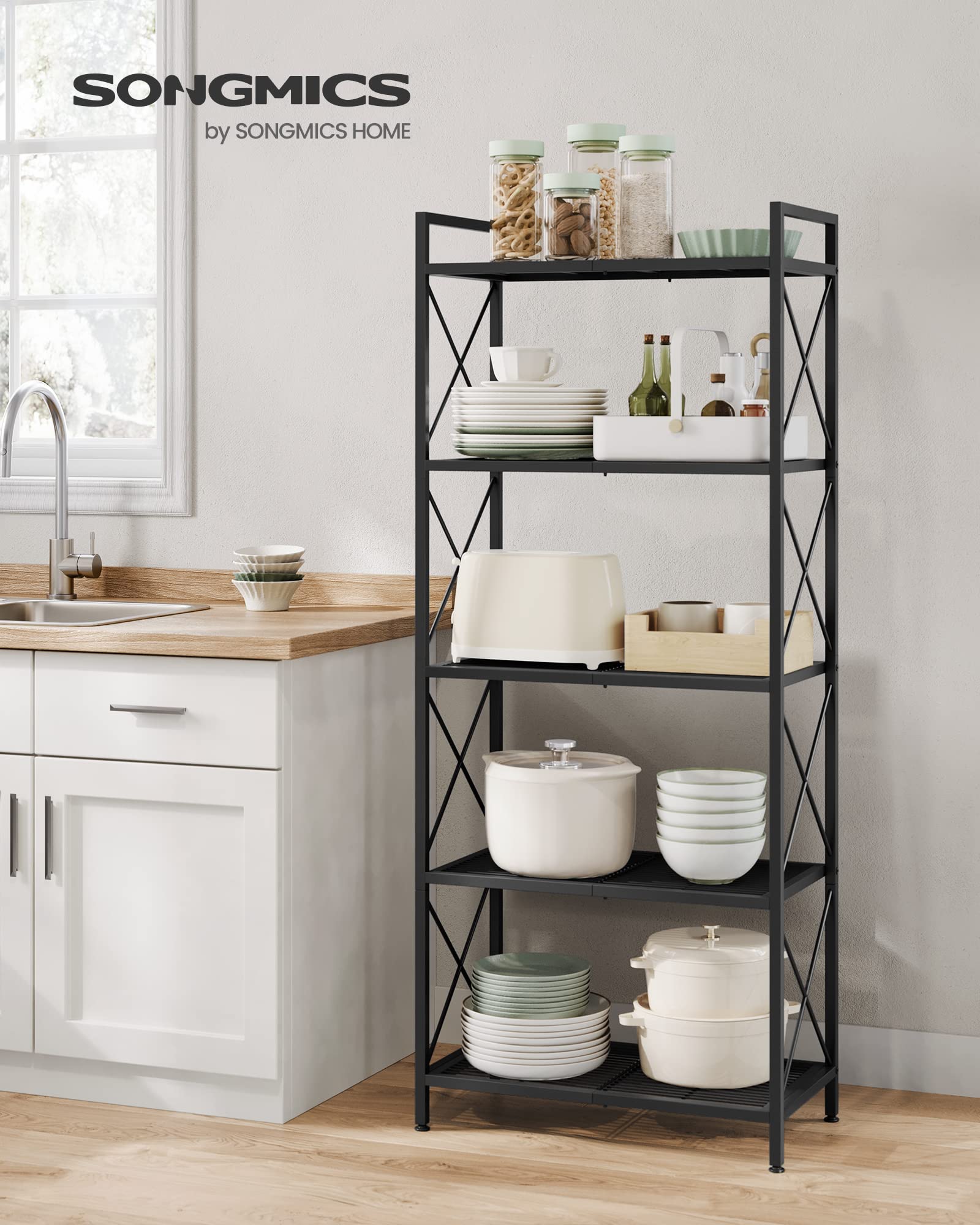 SONGMICS 5-Tier Metal Storage Rack, Shelving Unit with X Side Frames, Dense Mesh, 12.6 x 23.6 x 57.3 Inches, for Entryway, Kitchen, Living Room, Bathroom, Industrial Style, Ink Black UBSC165B01 SONGMICS