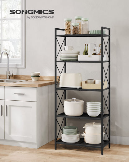SONGMICS 5-Tier Metal Storage Rack, Shelving Unit with X Side Frames, Dense Mesh, 12.6 x 23.6 x 57.3 Inches, for Entryway, Kitchen, Living Room, Bathroom, Industrial Style, Ink Black UBSC165B01 SONGMICS