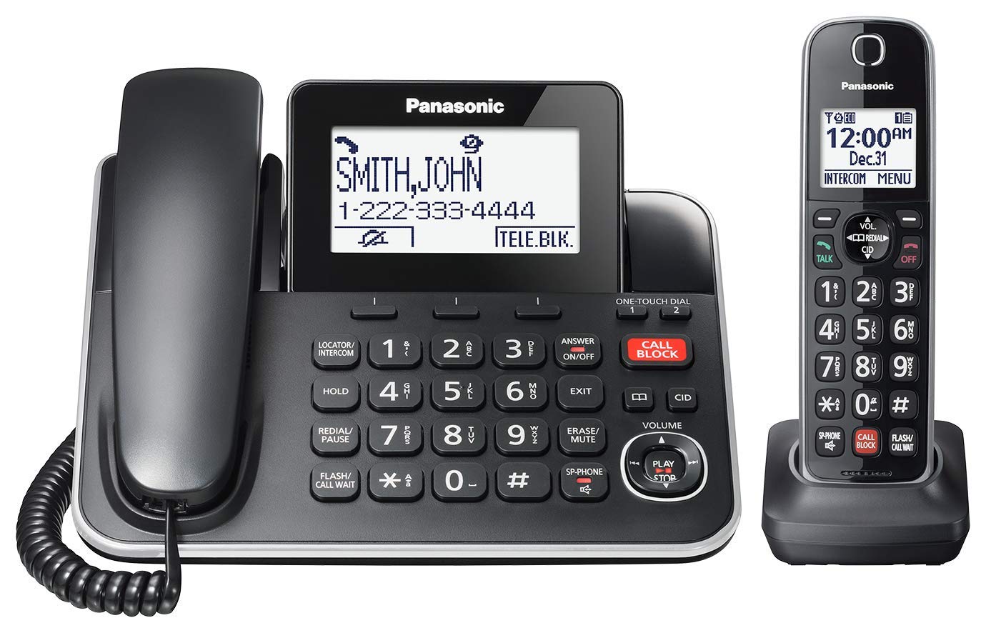 Panasonic DECT 6.0 2-in-1 Corded/Cordless Phone with Answering Machine, Advanced Call Block (1,000 Numbers), and Talking Caller ID - 1 Cordless Handset - KX-TGF870CB, Black Panasonic