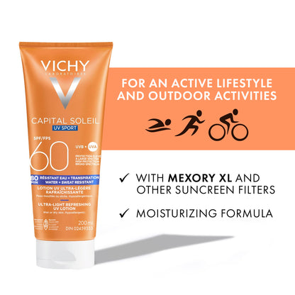 Vichy Water Resistant Sport Sunscreen, Ideal Soleil Sport SPF 60 Ultra Light Sunscreen Lotion for Face and Body, with Broad Spectrum SPF 60 and Mexoryl, 200mL VICHY