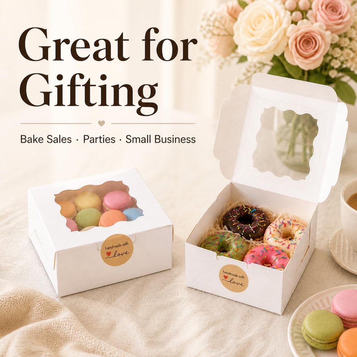 50 Pcs White Bakery Boxes with Window, 6x6x3 inches Cookie Boxes with Stickers Macaroon Boxes Small Treat Boxes Mini Cake Boxes for Dessert, Pastry, Sturdy Take Out Container for Party Wedding Favor 🍁 All In One Marketplace Canada
