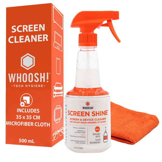 WHOOSH! Screen Shine Pro 500 ml Refillable OLED TV Screen Cleaner, Safe & Streak Free Electronic Cleaner for Laptop, Monitor, MacBook, Camera Cleaning Kit with 37 x 37 cm Microfiber Cloth - Available at All In One Marketplace Canada