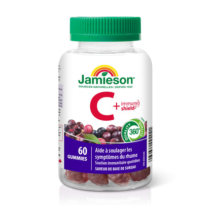 Jamieson Vitamin C + Immune Shield, 60 Gummies, Natural Elderberry Flavour. With Elderberry and Zinc. Supports Immune Health, Relieves Early Cold Symptoms, Family Friendly (3+) - Available at All In One Marketplace Canada