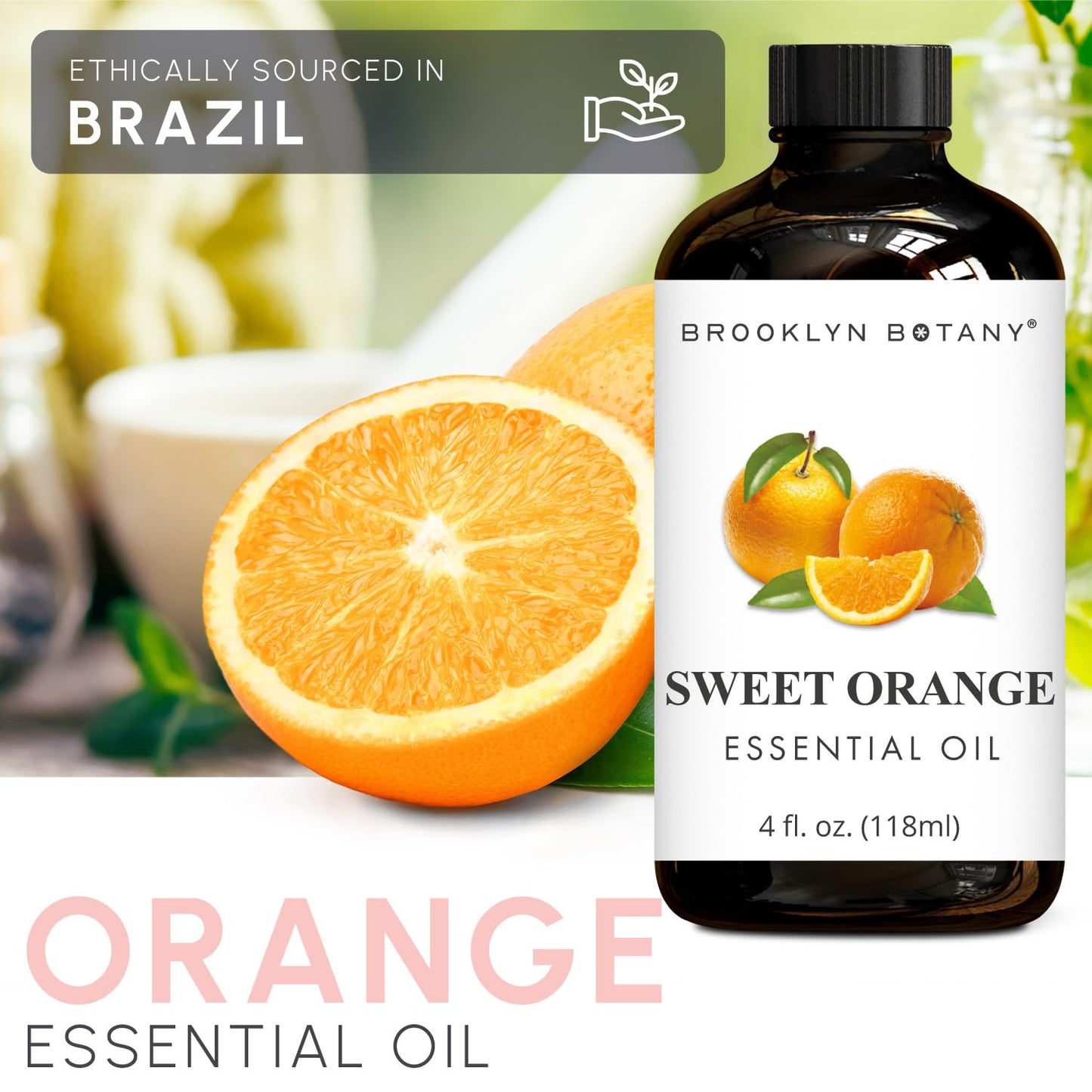 Brooklyn Botany Sweet Orange Essential Oil - Huge 118 ml - 100% Pure and Natural - Premium Grade with Dropper - for Aromatherapy and Diffuser