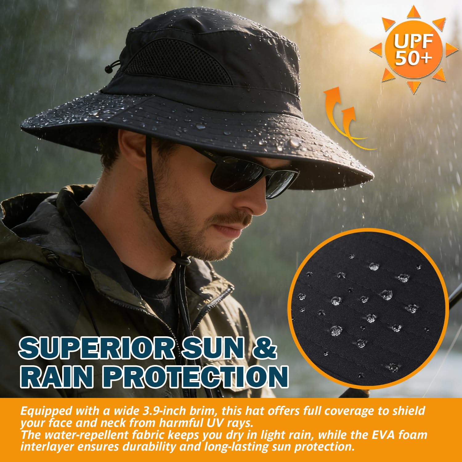 EINSKEY Sun Hat for Men/Women, Waterproof Wide Brim Bucket Hat UV Protection Boonie Hat for Fishing Hiking Garden Beach Black