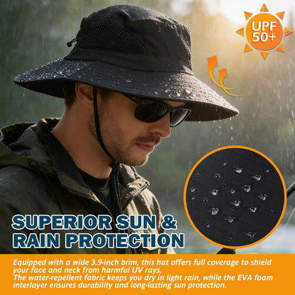 EINSKEY Sun Hat for Men/Women, Waterproof Wide Brim Bucket Hat UV Protection Boonie Hat for Fishing Hiking Garden Beach Black