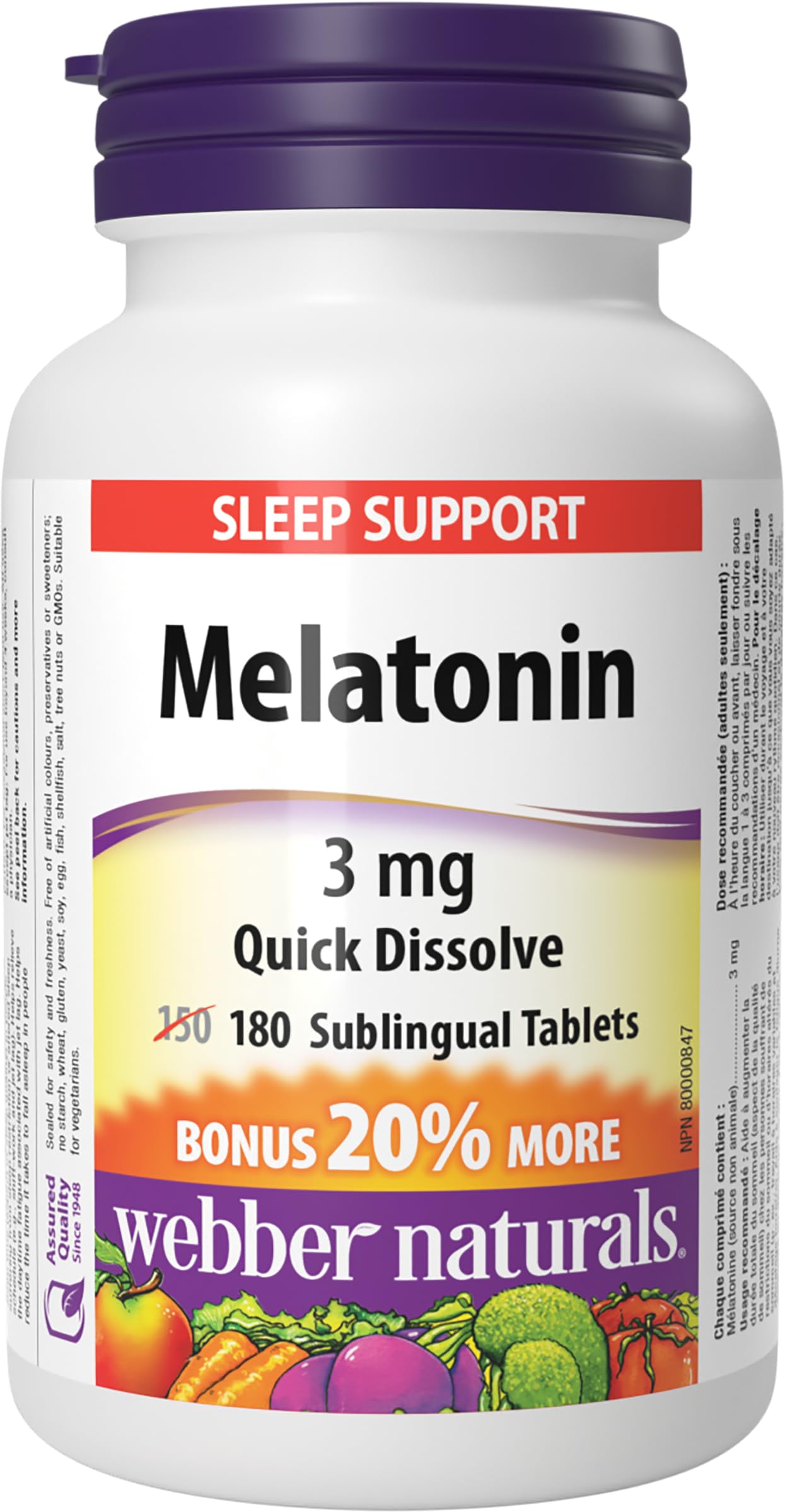 Webber Naturals Melatonin 3 mg, 180 Quick Dissolve Tablets, For Sleep Support