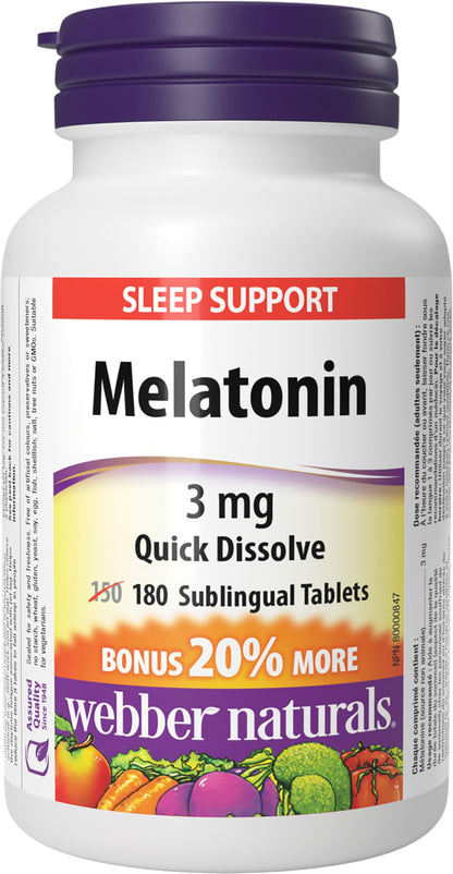 Webber Naturals Melatonin 3 mg, 180 Quick Dissolve Tablets, For Sleep Support