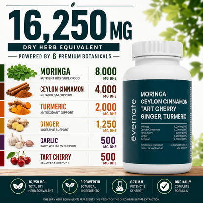 ALL-IN-ONE Moringa 8000 mg with Ceylon Cinnamon 4000 mg, Tart Cherry, Turmeric, Ginger & Garlic (Per Serving: 2 Capsules) – Antioxidant, Detox, Energy & Metabolic Support – Made in Canada - Available at All In One Marketplace Canada