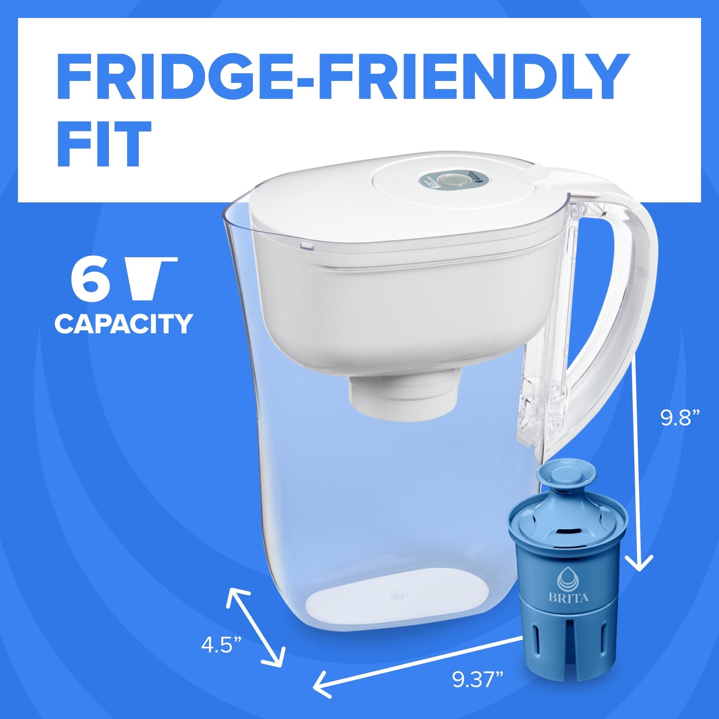 Brita 6 Cup Elite Filter Pitcher with Smart Light Indicator, Reduces 30+ Contaminants including Lead and Microplastics, Filter lasts 6 months, Metro, White BRITA