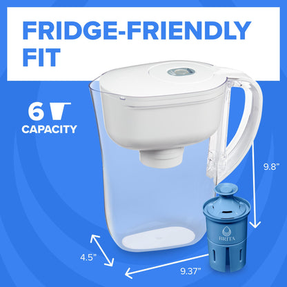 Brita 6 Cup Elite Filter Pitcher with Smart Light Indicator, Reduces 30+ Contaminants including Lead and Microplastics, Filter lasts 6 months, Metro, White BRITA