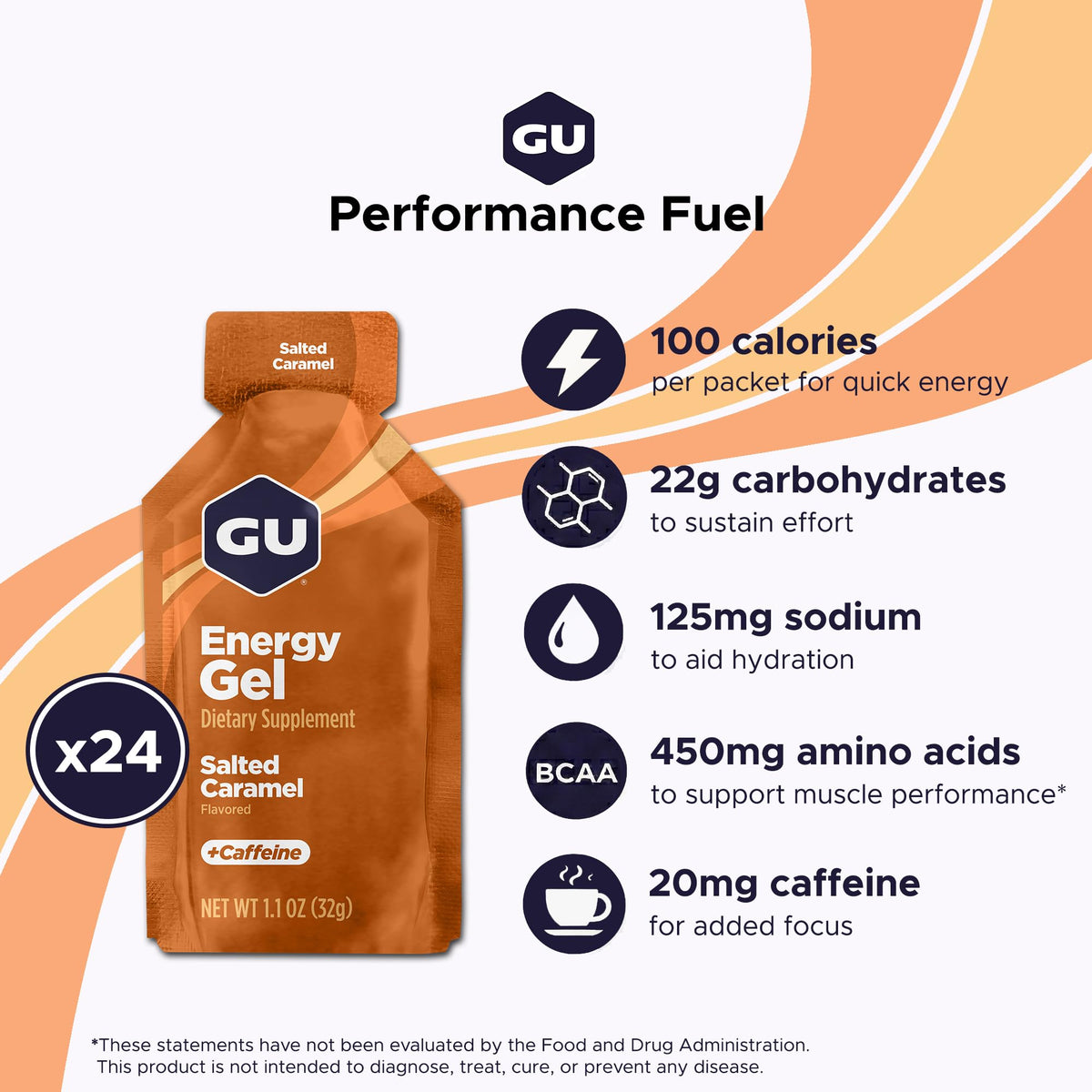 GU ENERGY Original Sports Nutrition Energy Gel, Salted Caramel, 24-Count