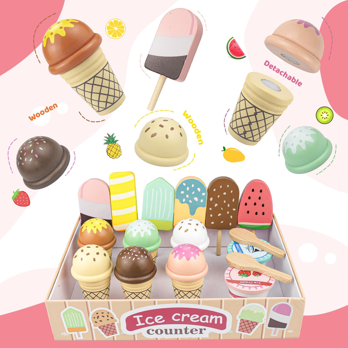 Wooden Ice Cream Toys Kids Pretend Play Store Toys for Toddlers Girls 3-5, Play Kitchen Accessories with Counter & Menu, Wooden Food Christmas Birthday Gifts for 3 4 5 Year Old Girls Boys 🍁 All In One Marketplace Canada