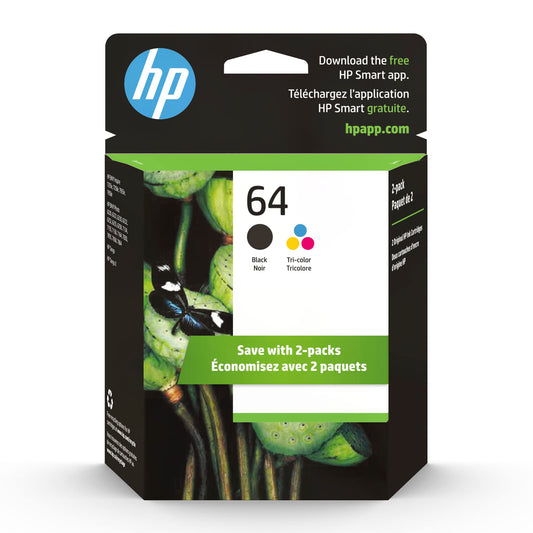 Original HP 64 Black/Tri-Color Ink Cartridges (2-Pack) | Works with HP Envy Photo 6200, 7100, 7800 Series | Eligible for Instant Ink | X4D92AN