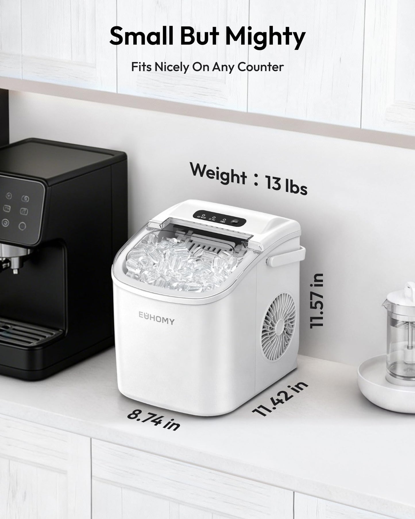 EUHOMY Countertop Ice Maker Machine with Handle, 26lbs Per Day, 9 Ice Cubes Ready in 6 Mins, Auto-Cleaning Portable Ice Maker with Basket and Scoop, for Home/Kitchen/Camping/RV (White)