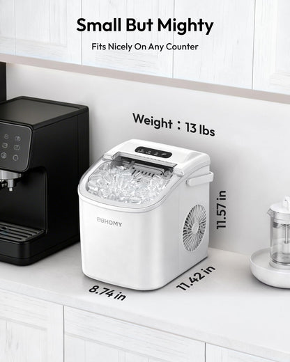 EUHOMY Countertop Ice Maker Machine with Handle, 26lbs Per Day, 9 Ice Cubes Ready in 6 Mins, Auto-Cleaning Portable Ice Maker with Basket and Scoop, for Home/Kitchen/Camping/RV (White)