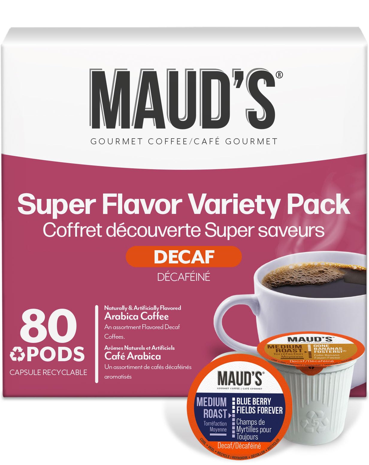 Maud's Decaf Coffee Pods Variety Pack - 80 Count, 14 Assorted Flavors, 100% Arabica Beans, Compatible with Single Serve Brewers