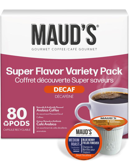 Maud's Decaf Coffee Pods Variety Pack - 80 Count, 14 Assorted Flavors, 100% Arabica Beans, Compatible with Single Serve Brewers