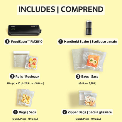 FoodSaver Vacuum Sealer Machine with Portable Handheld Sealer, 12 Vacuum Seal Bags and 2 Rolls - Black - FM2010 - Available at All In One Marketplace Canada