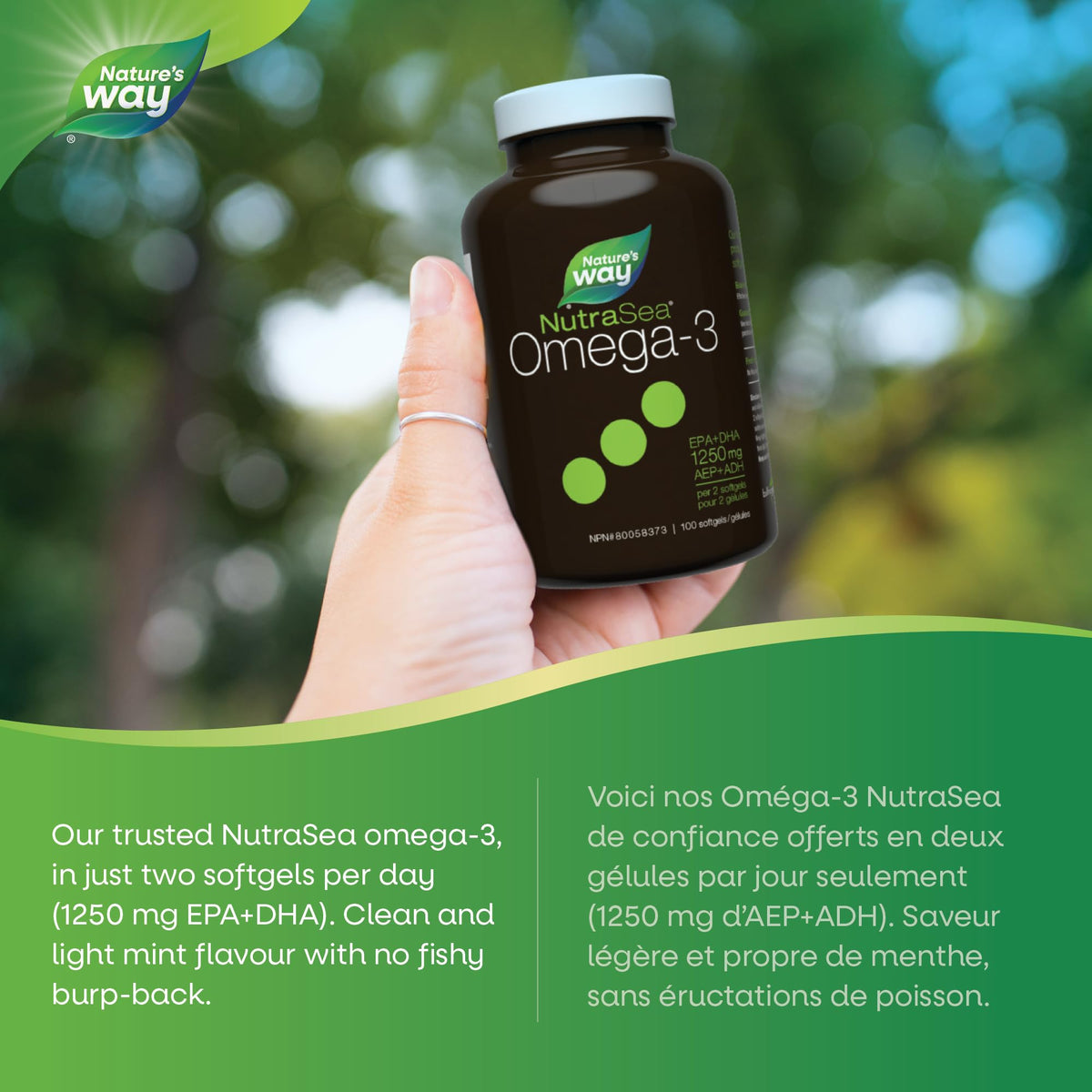 Nature's Way NutraSea Omega 3 Fish Oil Softgels Supplement for Adults and Kids Ages 6+ – Fresh Mint Flavour – Heart & Brain Support – 1250mg EPA & DHA, 100 Softgels