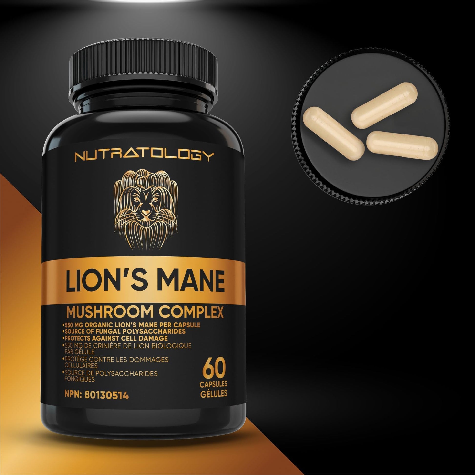 Nutratology® Organic Lion's Mane Mushroom Capasules - Nootropic Functional Mushroom Supplements Made With 40% Polysaccharides & >20% Beta-Glucan | Supports Memory, Cognition & Brain Health - 60 Count - Available at All In One Marketplace Canada
