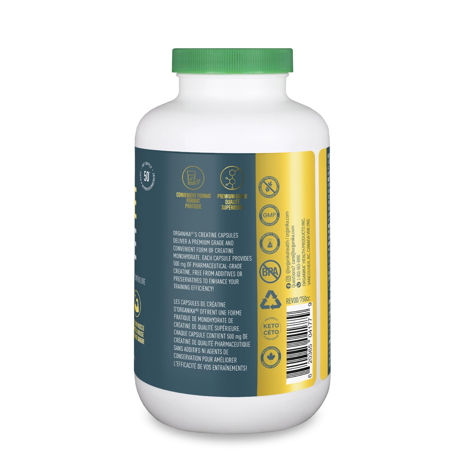 Organika Canadian-Made Creatine Capsules- Pure Micronized Creatine Monohydrate - Helps Build Lean Muscle, Increase Strength, and Improved Recovery and Performance for Men and Women- 300vcaps