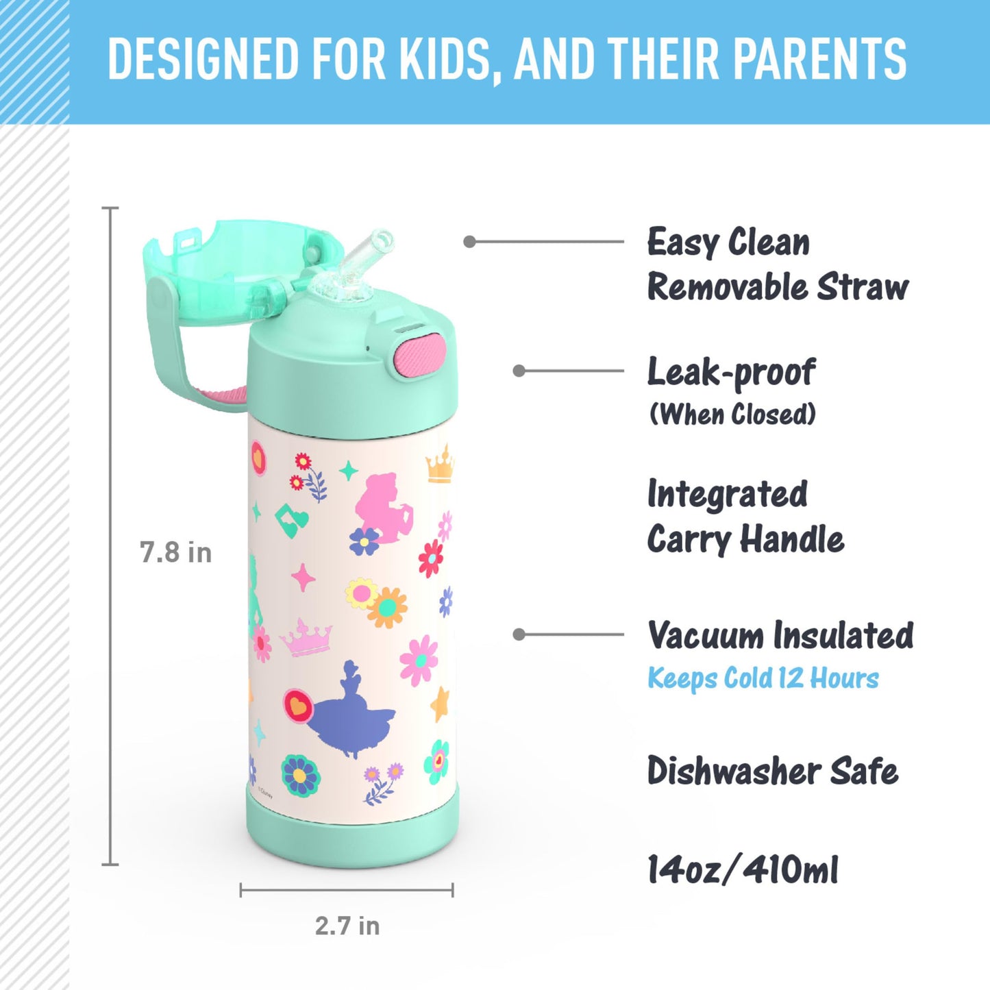 THERMOS FUNTAINER Water Bottle with Straw, 14oz, Princess