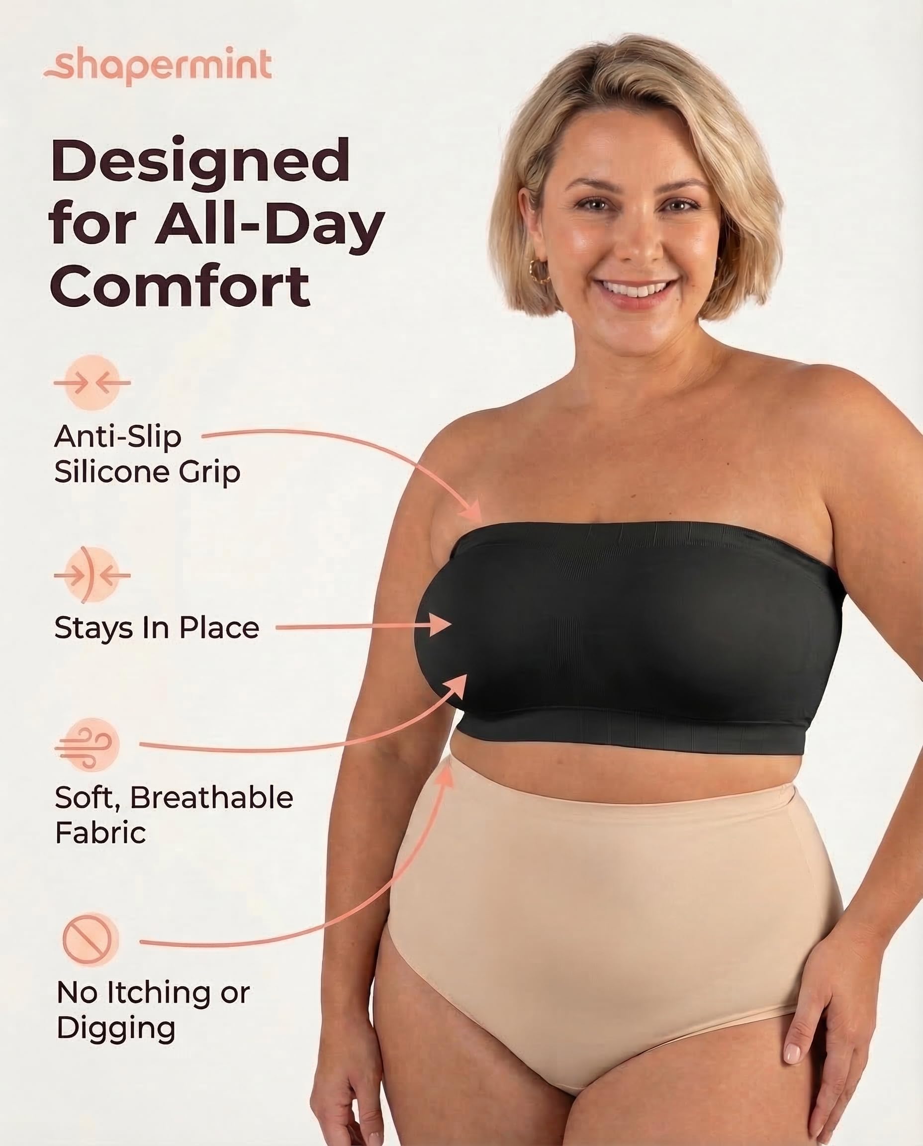 SHAPERMINT Convertible Strapless Bras for Women - Compression Wireless Bandeau Bra Top Black